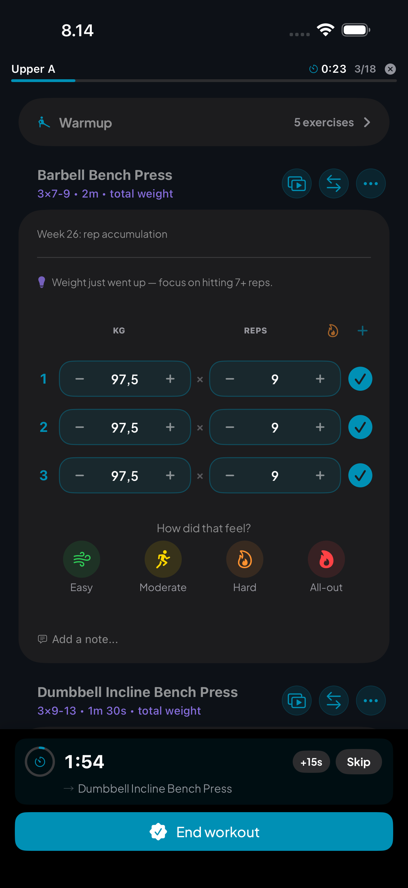 Active workout with AI weight suggestions and set tracking