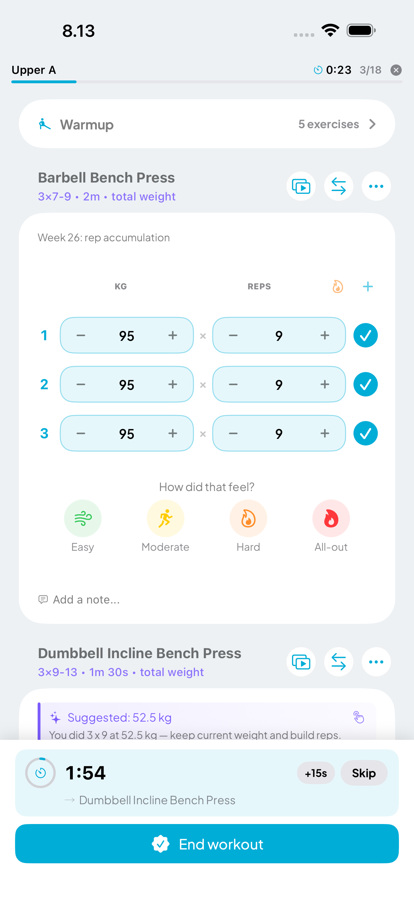 Active workout with AI weight suggestions and set tracking