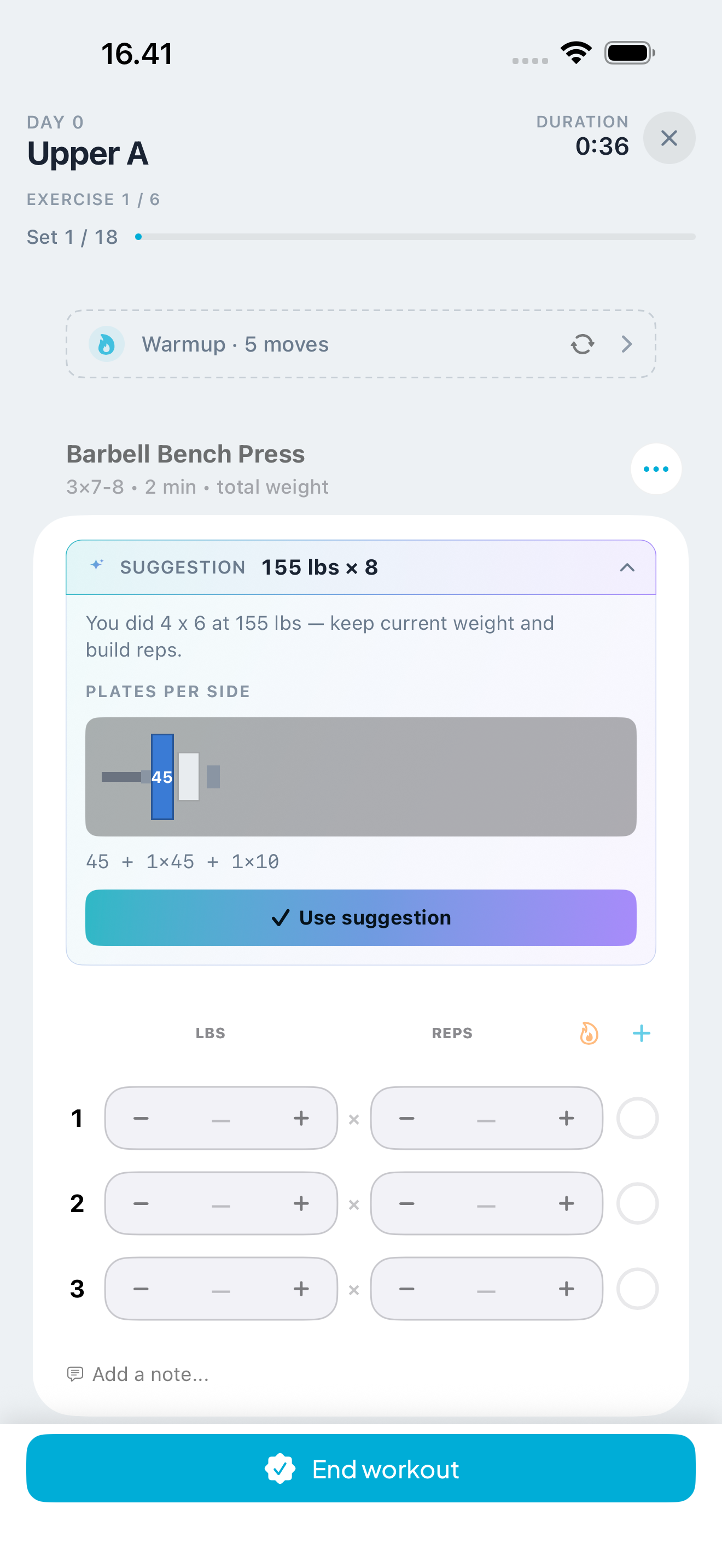 AI weight suggestion expanded with coaching reasoning and plate-by-plate loading