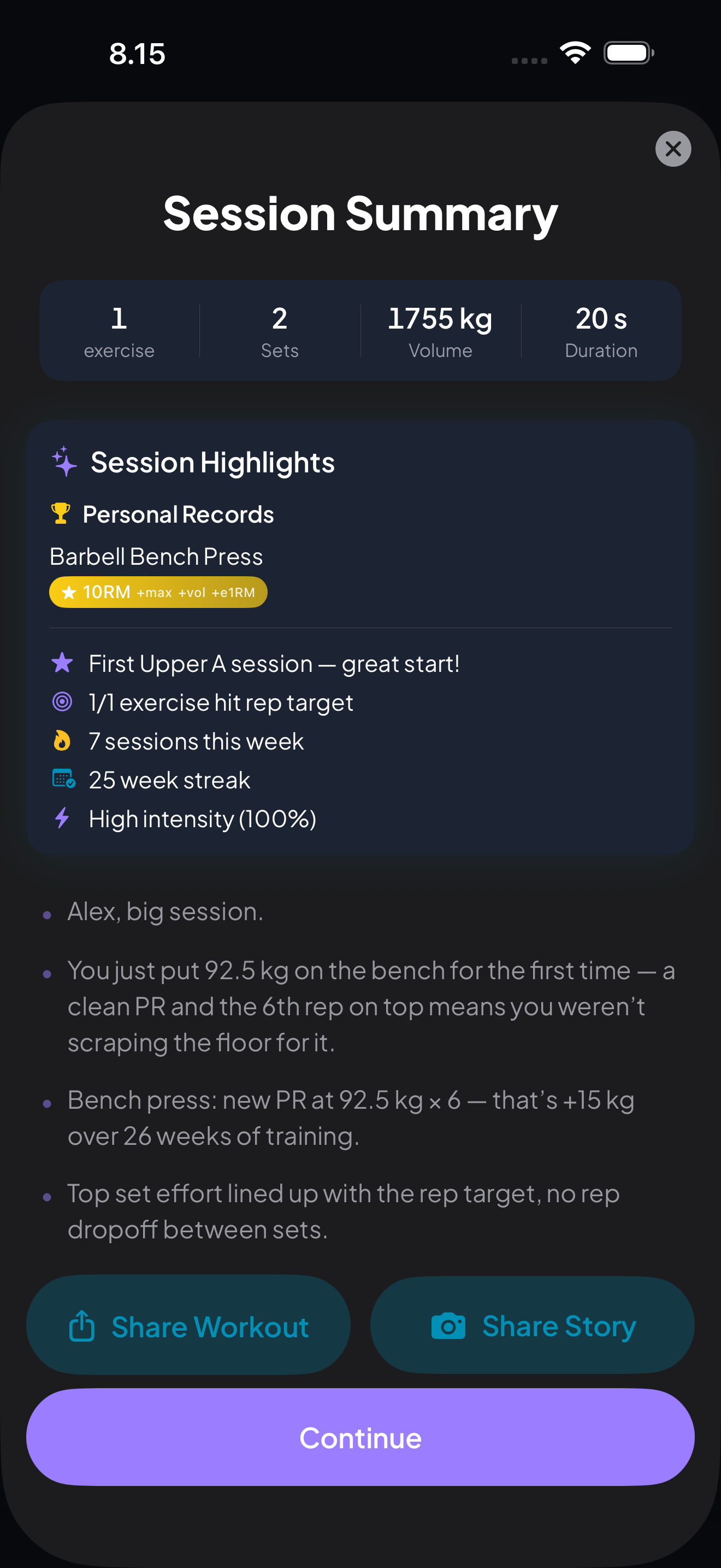 AI coaching feedback after completing a workout