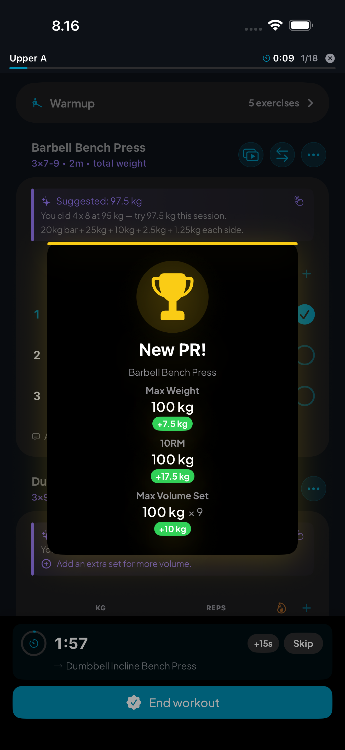 Personal record celebration with trophy and confetti