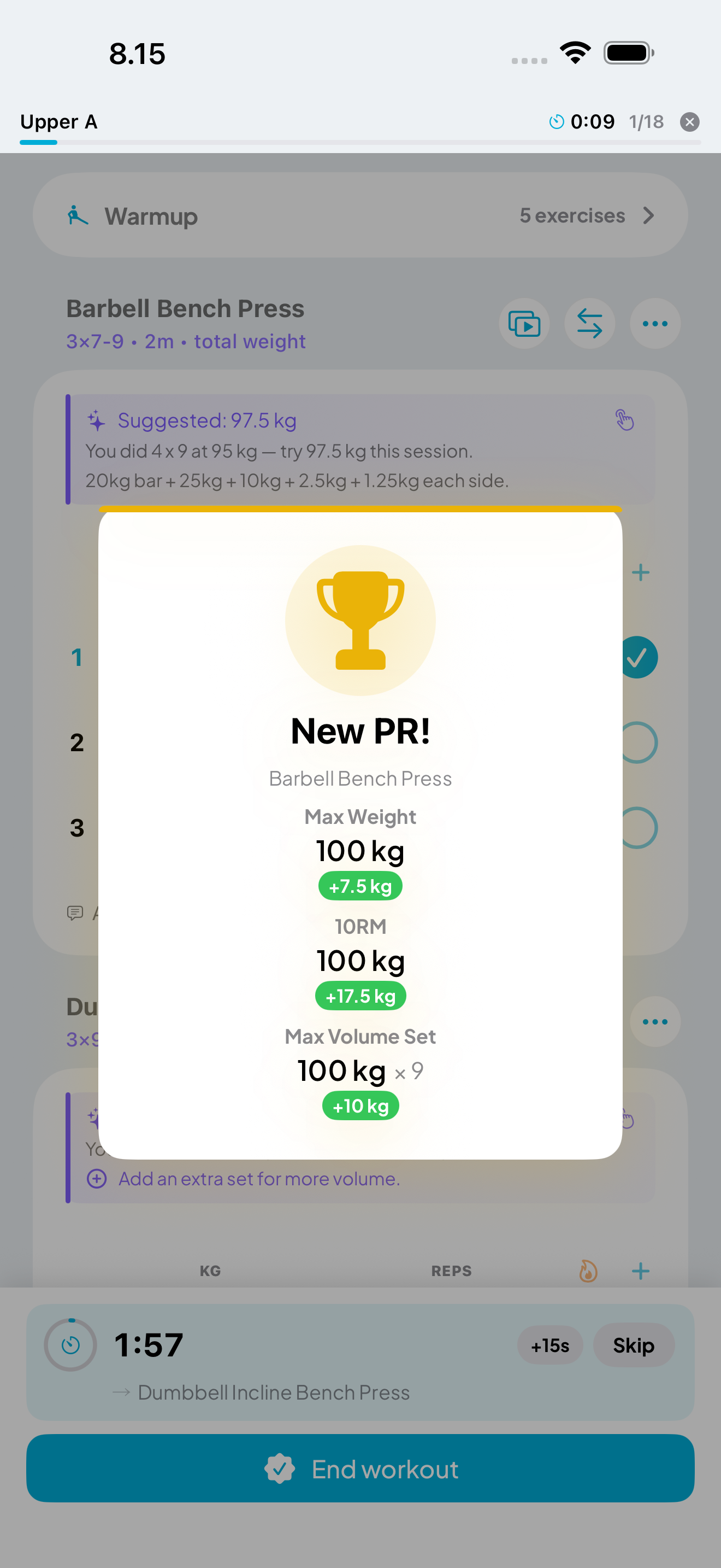 Personal record celebration with trophy and confetti