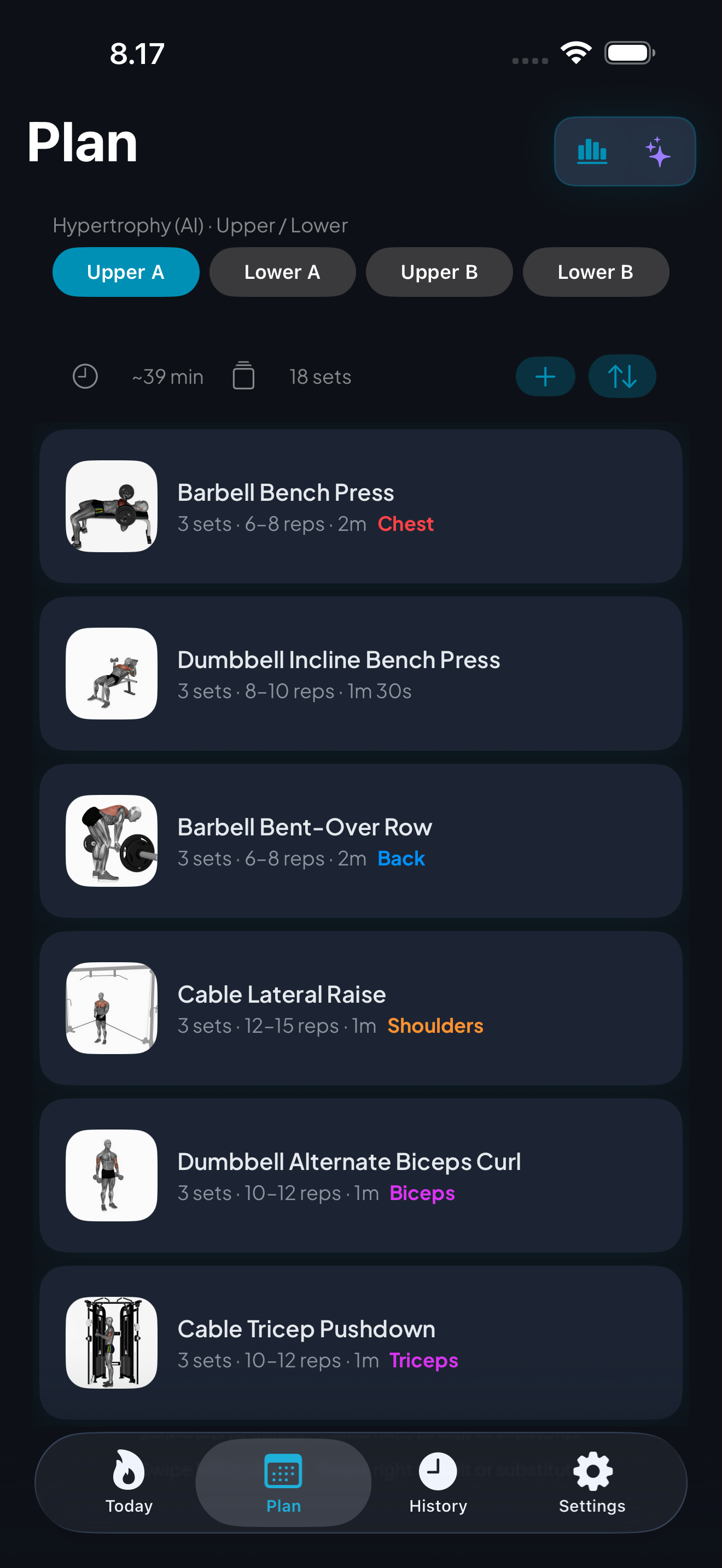 Plan tab with exercise illustrations and workout structure