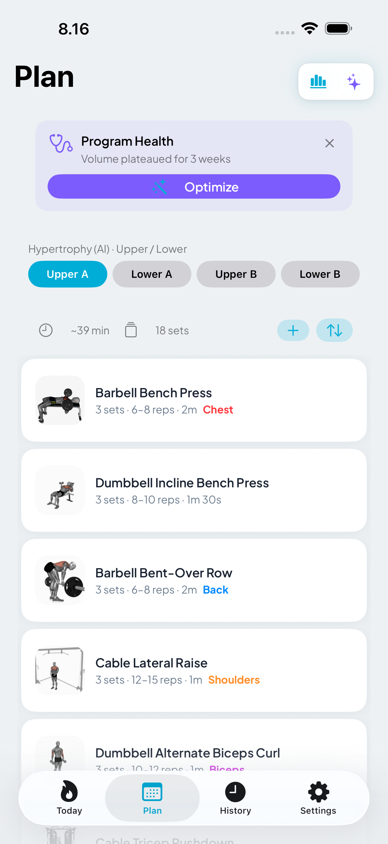 Plan tab with exercise illustrations and workout structure