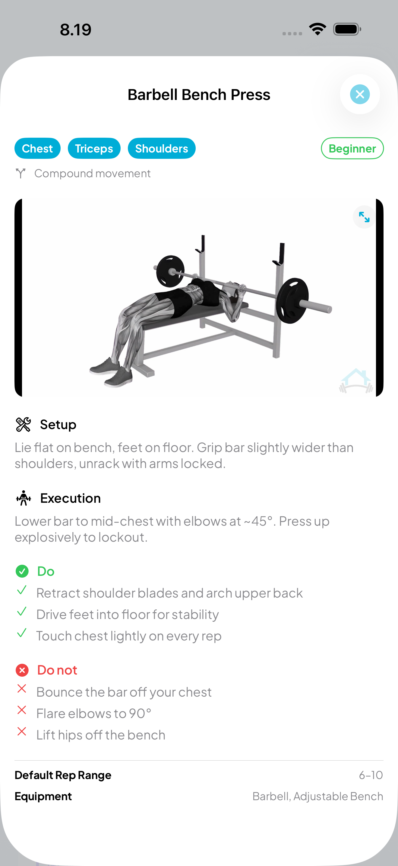 Exercise detail with illustration, form cues, and instructions
