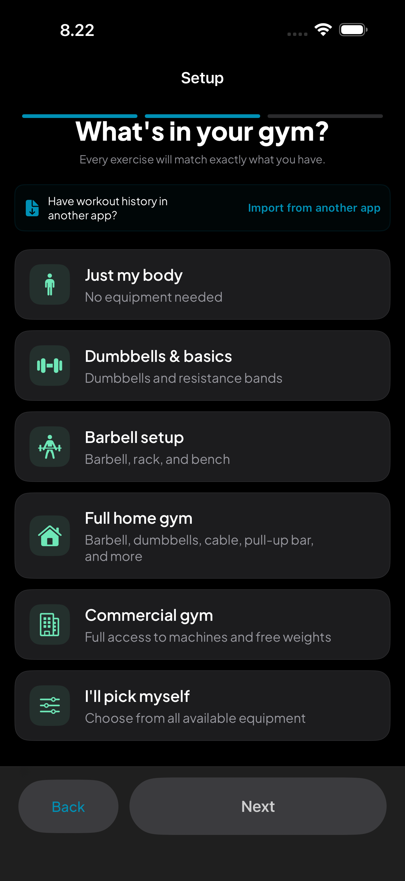 Equipment setup with plate selection and dumbbell configuration