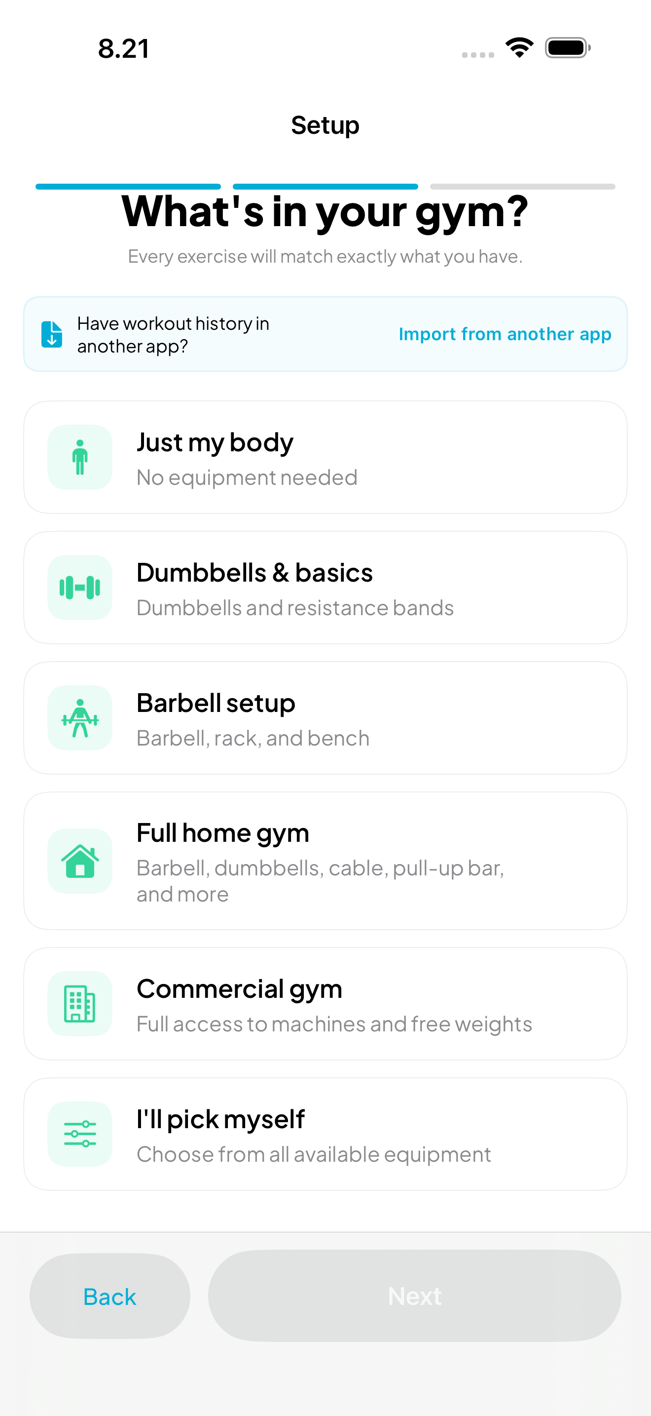 Equipment setup with plate selection and dumbbell configuration