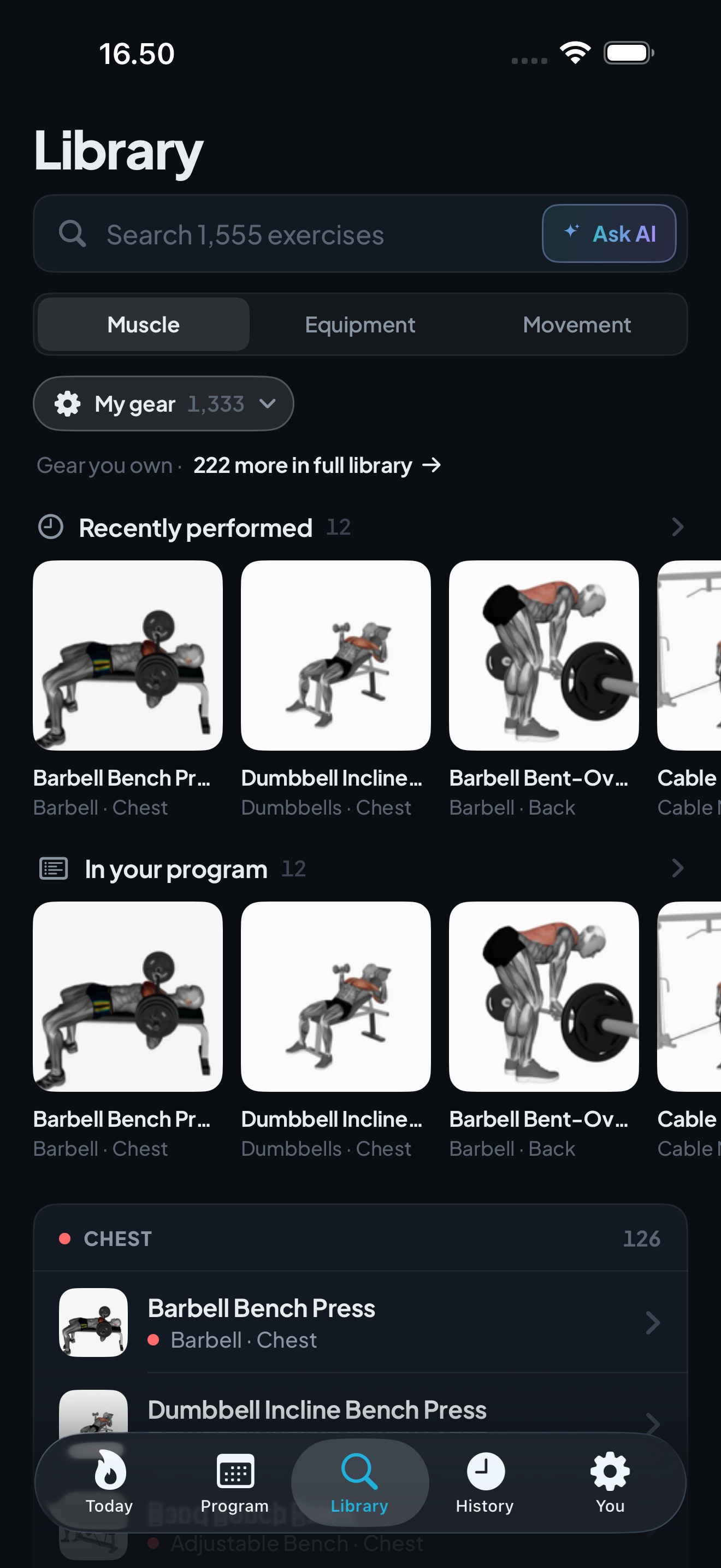 Library tab with every exercise browsable by muscle, equipment, or movement
