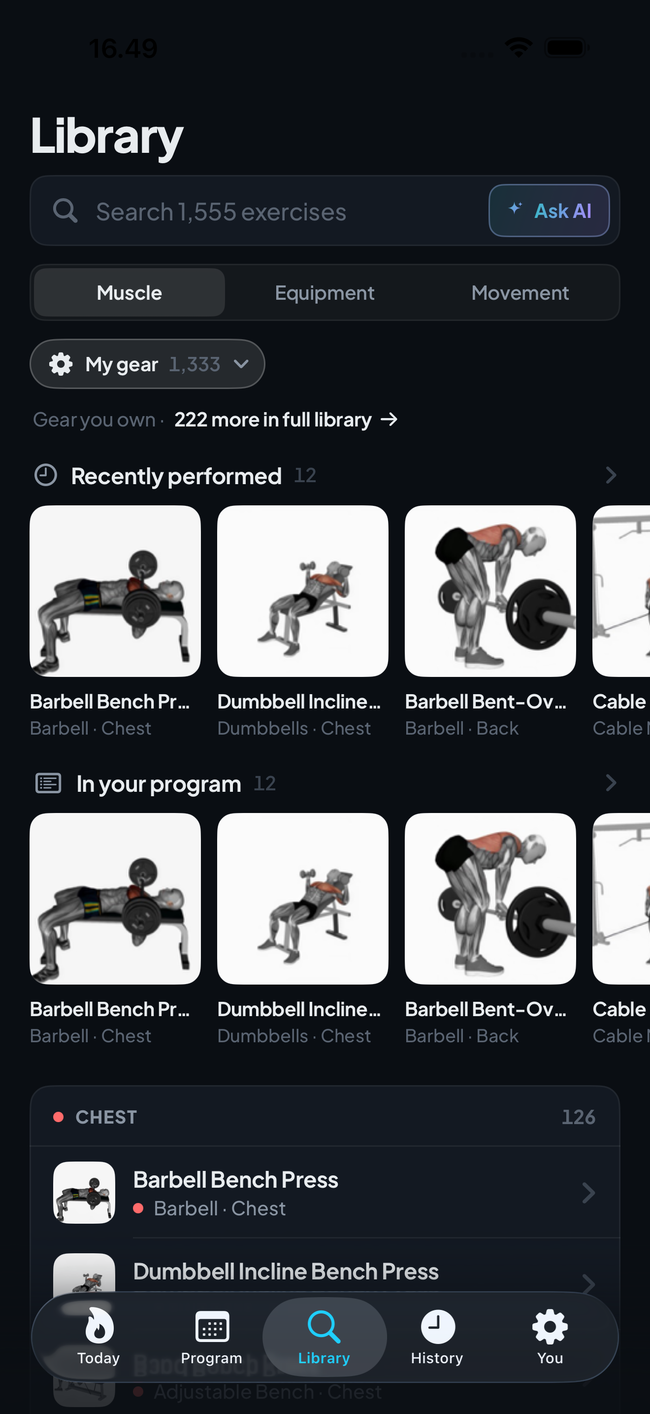 Library tab with every exercise browsable by muscle, equipment, or movement