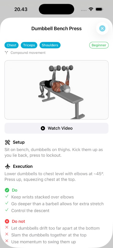 Exercise guide with muscles worked, setup, execution, and do / do not tips