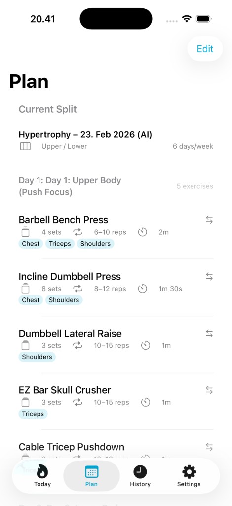 Your AI-generated plan with exercises, sets, reps, rest times and muscle groups